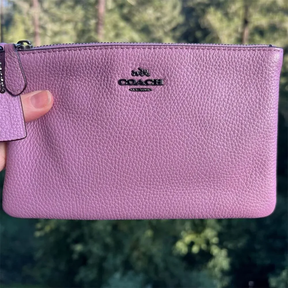 COACH Pink/Purple Pebble Leather Wristlet Wallet w Gunmetal Logo Accents